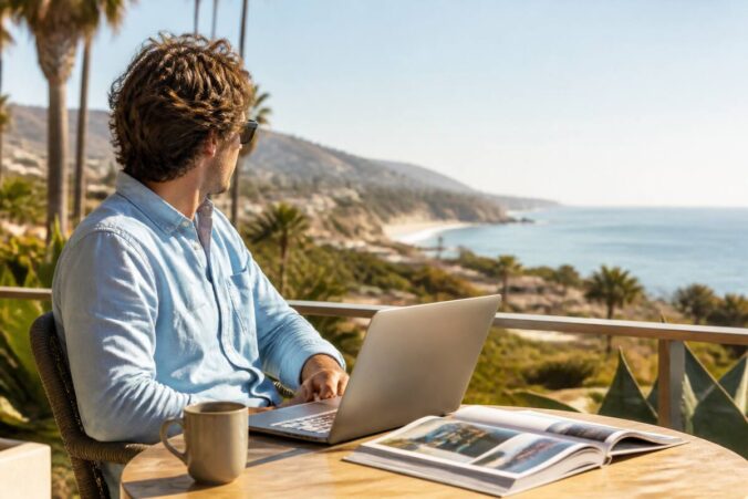 Iemand vergelijkt vakanties op een laptop met reisgids op een zonnig terras