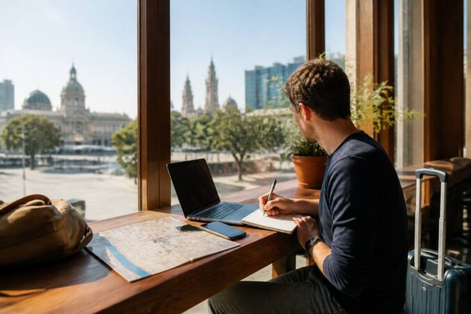 Iemand vergelijkt vakanties met laptop en notitieboekje bij een café, met uitzicht op de stad (fotorealistisch, geen tekst).
