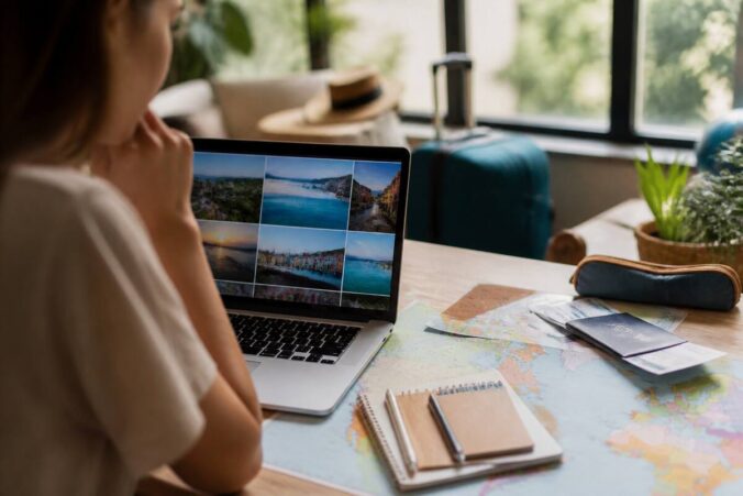 Reizen vergelijken op een laptop met reisnotities en wereldkaart