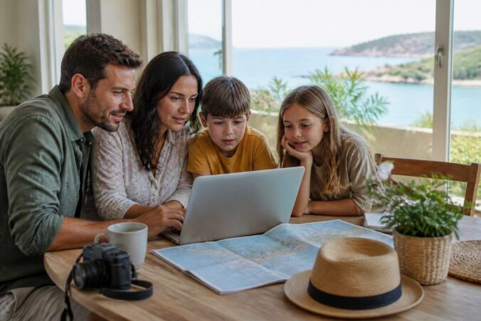 Checklist voor vakantie vergelijken met laptop en reispapieren aan tafel