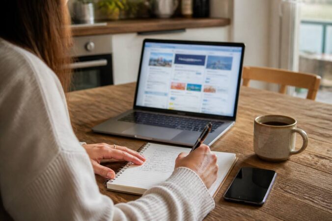 Iemand vergelijkt vakanties op een laptop met een checklist op papier