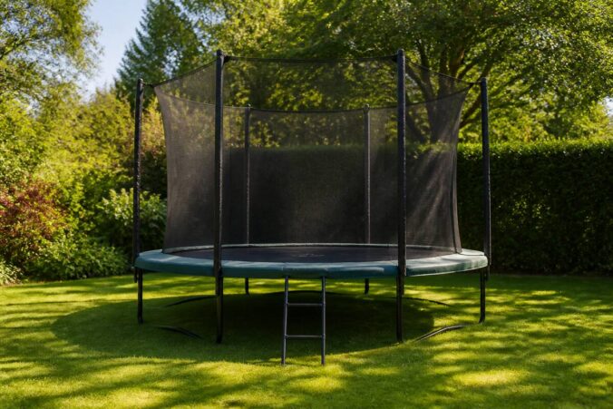 Trampoline met veiligheidsnet en randkussen in een Belgische tuin op een vlakke ondergrond